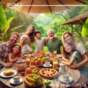 Família reunida em um café da manhã ao ar livre