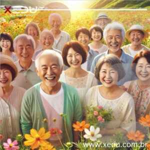 Okinawa: Grupo de idosos felizes em um campo florido