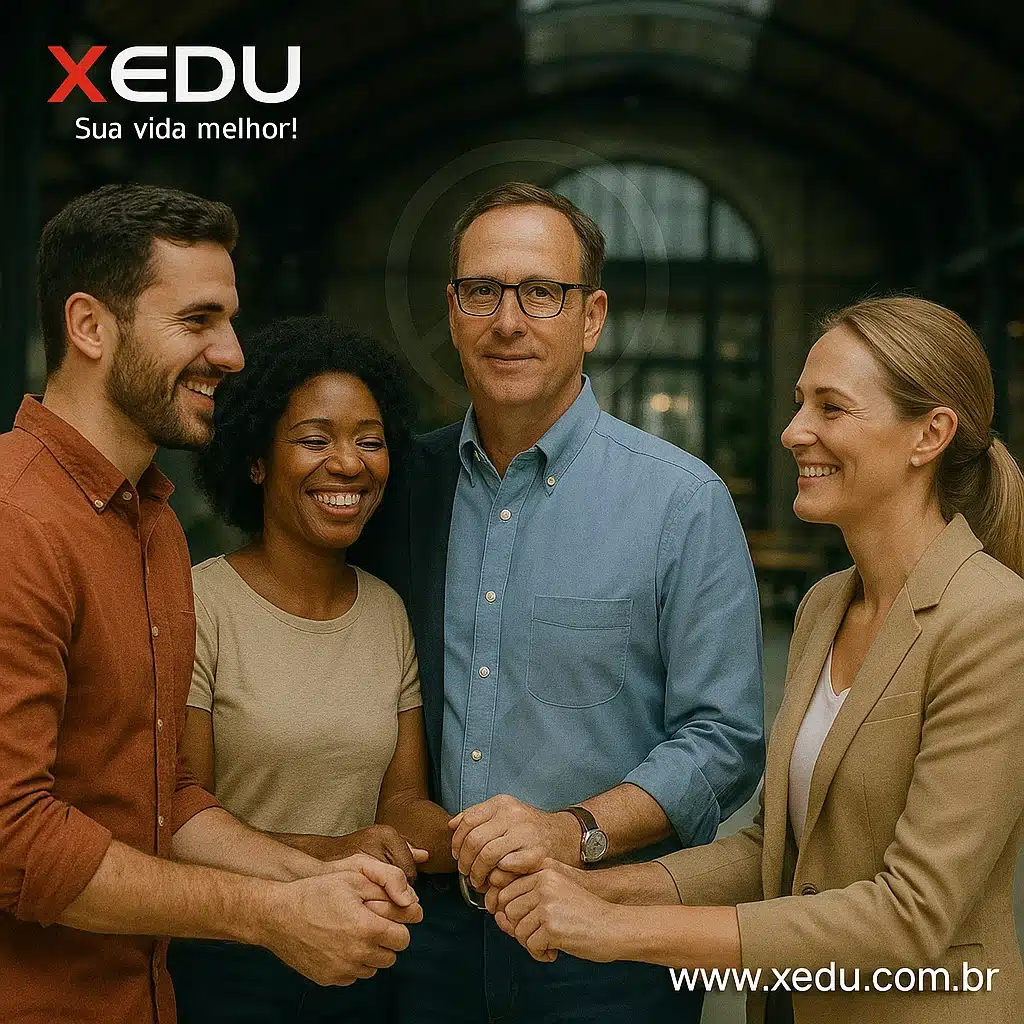 “Equipe conectada em roda de conversa no pátio interno de um escritório corporativo, transmitindo união saudável e acolhimento – XEDU”