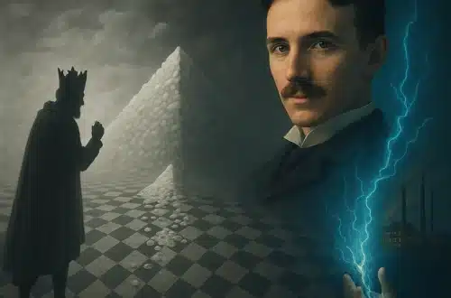 Tabuleiro de xadrez com grãos de arroz formando pirâmide, rei surpreso e Nikola Tesla com energia elétrica na mão, simbolizando visão estratégica e liderança