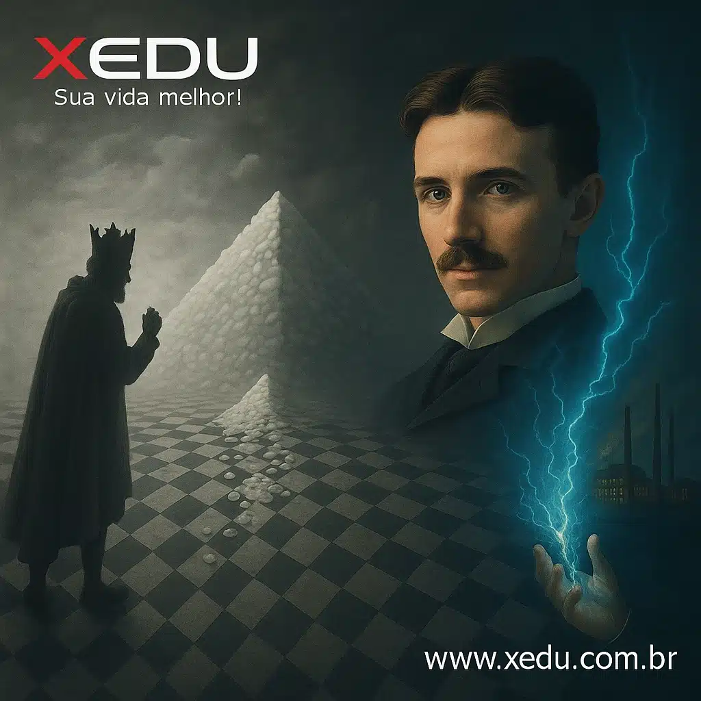Tabuleiro de xadrez com grãos de arroz formando pirâmide, rei surpreso e Nikola Tesla com energia elétrica na mão, simbolizando visão estratégica e liderança