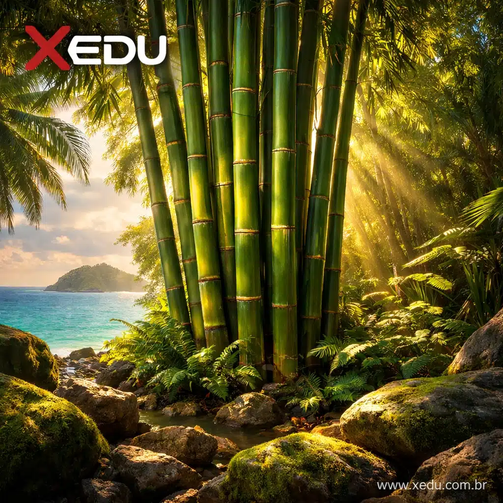 Bambu majestoso em ilha tropical com vegetação verde e rochas — a parábola do bambu ensina resiliência e humildade