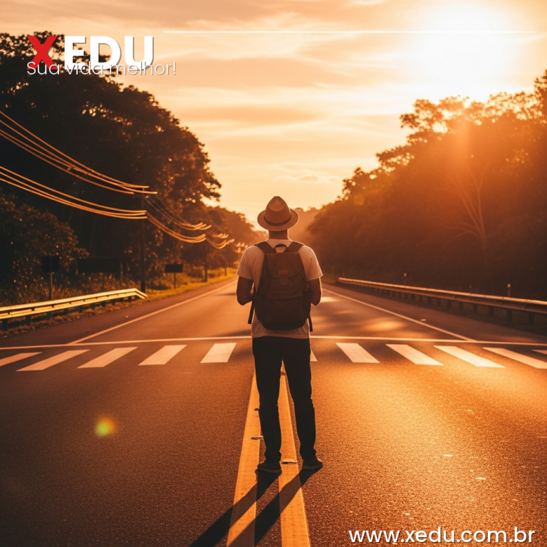 A lone traveler standing at a crossroads on a scenic open road at golden hour, surrounded by lush Brazilian landscape — warm light, long shadows, sense of possibility and direction. The person looks forward with calm confidence, backpack on shoulders. Photorealistic, cinematic composition, warm tones of orange and gold, inspiring and introspective mood. 16:9 ratio, high resolution.