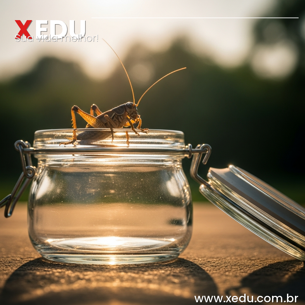 A cricket standing at the edge of an open glass jar, looking upward toward bright open sky and sunlight above. The glass lid lies nearby, removed and discarded. The cricket's posture is alert and ready to jump. Macro photography style, sharp detail, warm golden light, blurred green natural background, photorealistic, 16:9 format, no text.