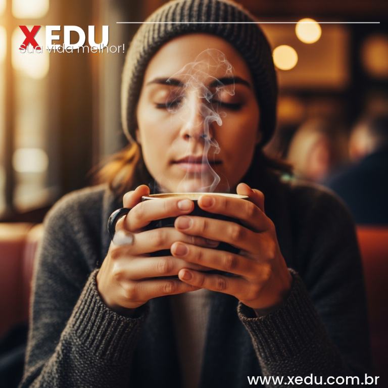 A person sitting alone in a busy cafe, hands wrapped around a coffee cup, eyes open and fully present — noticing the steam rising, the warm light, the world around them in sharp focus while everything else blurs softly in the background. Calm, mindful expression. Photorealistic, warm golden tones, cinematic depth of field, 16:9 format, no text.