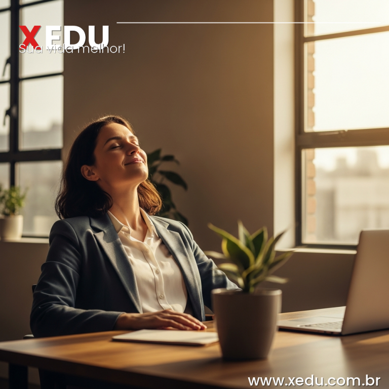 A professional in a calm, sunlit modern office, leaning back in a chair with eyes closed and a relaxed smile — a single plant on the desk, a closed laptop beside them, natural light streaming in through large windows. The mood is peaceful, balanced, intentional. No clutter, no urgency. Photorealistic, warm tones, cinematic depth of field, 16:9 format, no text.