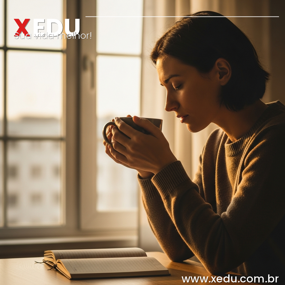 A person sitting alone by a large window with soft morning light, holding a warm cup of coffee with both hands, eyes closed and head slightly bowed in quiet reflection. A small open notebook rests on the table beside them, untouched. The room is calm and minimal. Photorealistic, warm golden tones, cinematic depth of field, 16:9 format, no text.