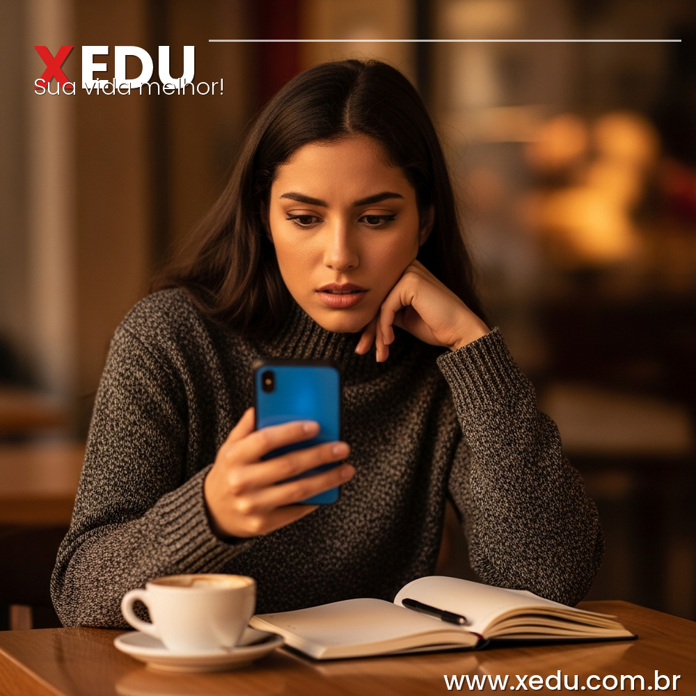 A warm-toned, square format photograph of a young Brazilian woman in her late 20s sitting at a cafe table in natural morning light, looking thoughtfully at her smartphone with a slight concerned expression. The phone screen glows blue against her face. On the table beside her there is an untouched coffee cup and an open notebook. Shallow depth of field, soft bokeh background with warm amber tones. Candid, authentic, realistic photography style. No text in image.