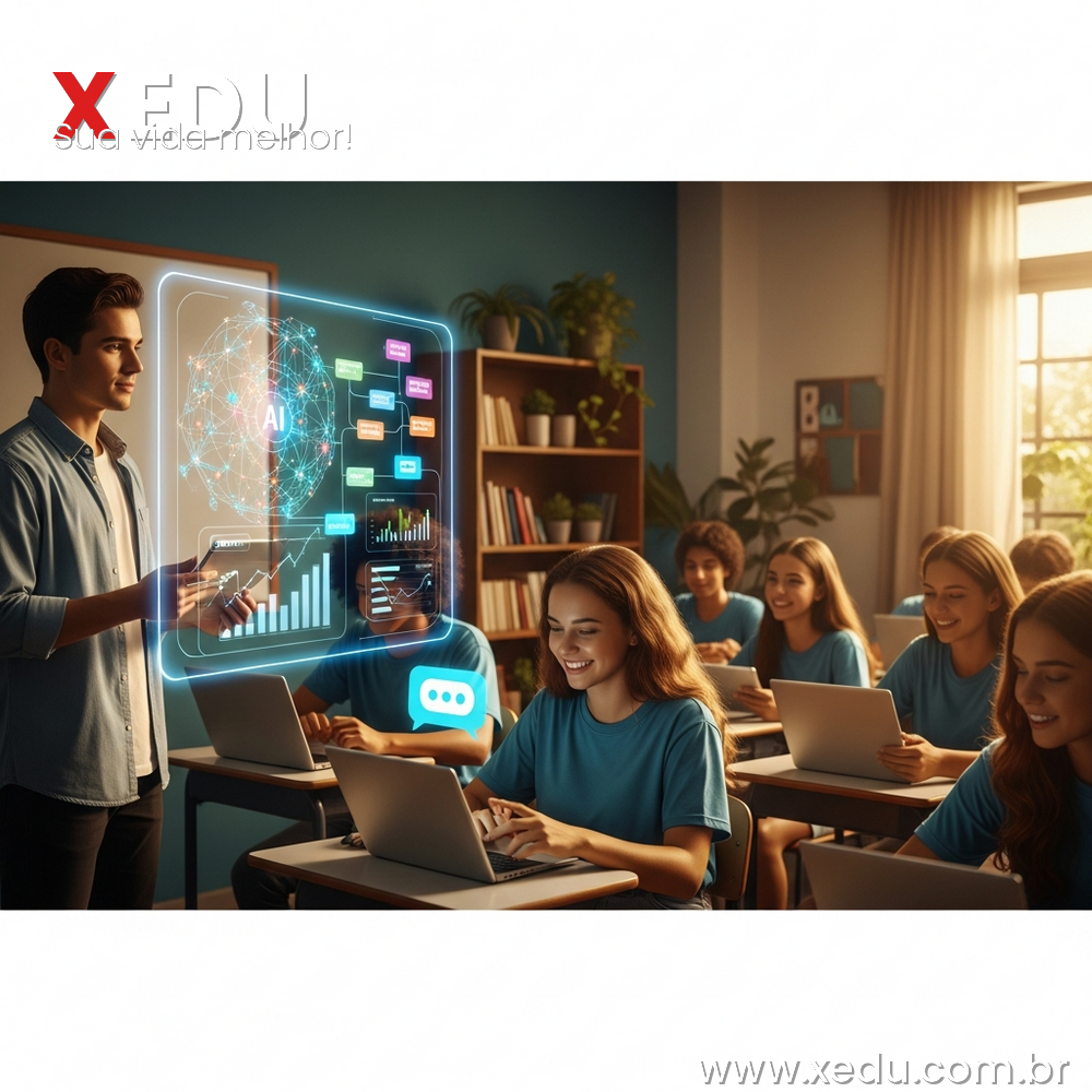 Wide shot 16:9 photorealistic scene: a warm, modern Brazilian classroom bathed in soft golden afternoon light. A young male teacher stands beside a large glowing holographic display showing colorful AI neural network nodes and student performance charts. A diverse group of enthusiastic teenagers interacts with tablets and laptops. One student in the foreground smiles as a friendly AI assistant chatbot appears on her screen. Bookshelf and plants in background. Colors: warm amber, teal accents, clean whites. Professional editorial photography style, hopeful and inspiring mood.