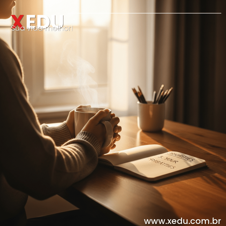 Square image 1:1 aspect ratio. A calm morning scene: a person sits by a sunlit window at a wooden desk, hands wrapped around a steaming mug. A small notebook with three handwritten priorities sits open beside them. Soft warm golden morning light fills the room. Minimalist and peaceful atmosphere. Photorealistic style, warm tones, no text, no people's faces visible.