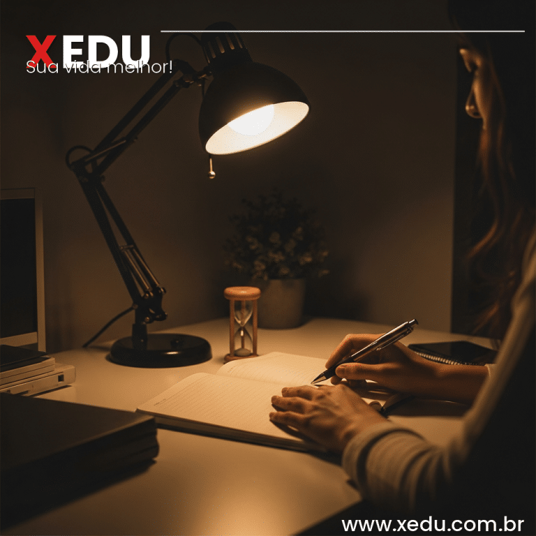 Square image 1:1 aspect ratio. Cozy home office desk with open notebook, pen, warm lamp light and small hourglass. Calm productive atmosphere representing overcoming procrastination. Photorealistic, warm tones, no text, no faces visible.