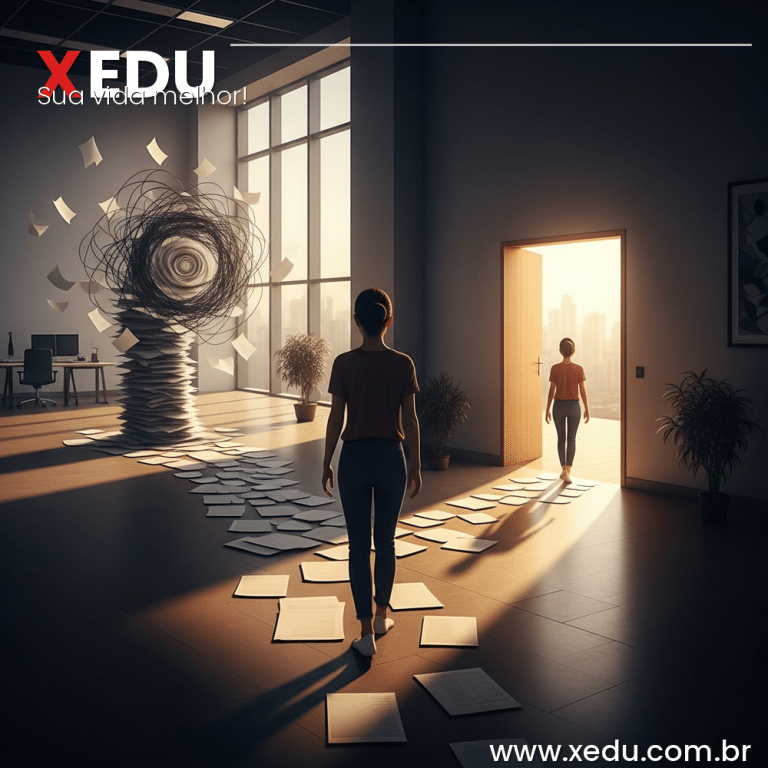 Square image 1:1 aspect ratio. A person standing at a crossroads in a modern minimalist workspace, one path leading to endless spiraling papers and tangled lines representing perfectionism, the other path leading to an open bright doorway with warm golden light representing progress and freedom. Soft morning light streaming through large windows. Clean architectural lines. Photorealistic style, warm tones, no text, no faces visible.