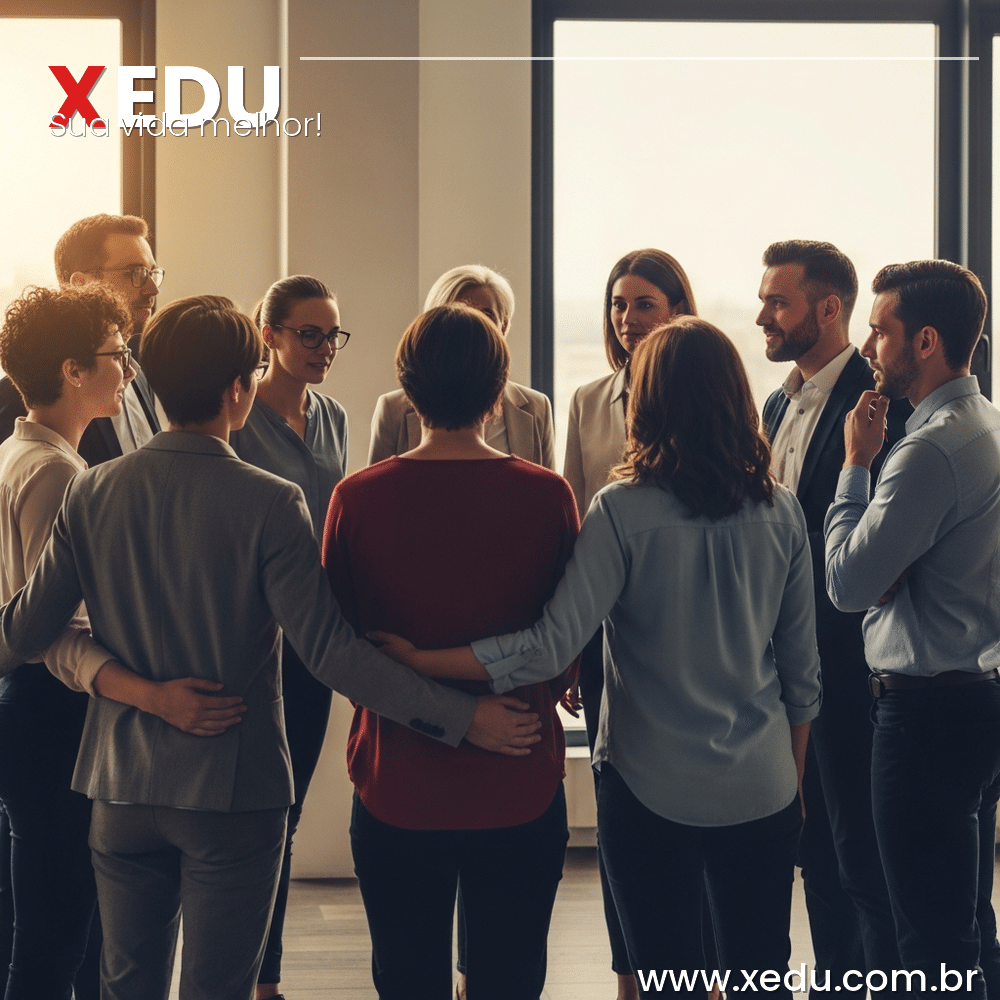 Square image 1:1 aspect ratio. A diverse group of professionals standing together in a circle in a modern office, each person distinct and clearly individual — different postures, clothing and expressions — yet united in a collaborative huddle. Warm natural light streaming through large windows. One person slightly apart, observing thoughtfully, representing independent thinking within the group. Photorealistic style, warm tones, no text, no faces fully visible.