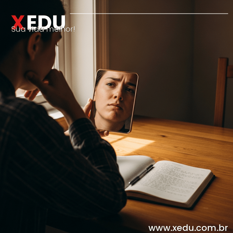 Square image 1:1 aspect ratio. A person sitting alone at a wooden table, holding a small mirror reflecting their own face, with a thoughtful and slightly conflicted expression. Warm natural light from a side window casting soft shadows. On the table, an open journal with handwritten notes. The atmosphere is introspective and honest, not dramatic. Photorealistic style, warm tones, no text, no faces fully visible in mirror.