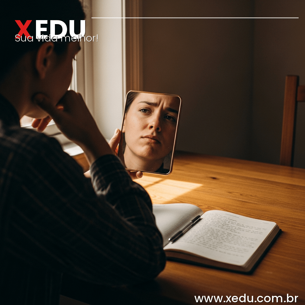 Square image 1:1 aspect ratio. A person sitting alone at a wooden table, holding a small mirror reflecting their own face, with a thoughtful and slightly conflicted expression. Warm natural light from a side window casting soft shadows. On the table, an open journal with handwritten notes. The atmosphere is introspective and honest, not dramatic. Photorealistic style, warm tones, no text, no faces fully visible in mirror.