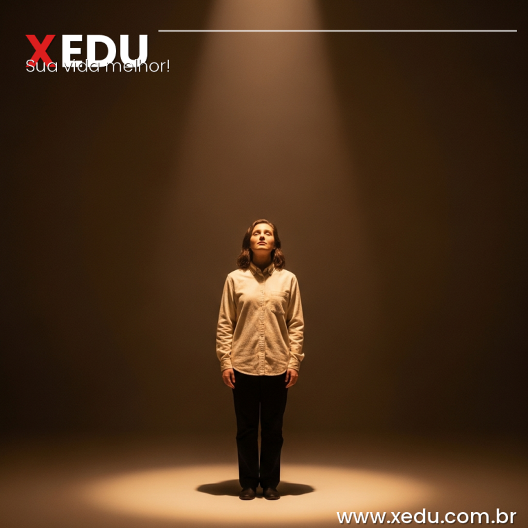 Square image 1:1 aspect ratio. A person standing alone in a softly lit room, a single spotlight beam shining down on them from above — but looking around and realizing the surrounding space is empty and calm, no audience watching. The person's expression shifts from anxious to relieved and aware. Warm amber tones, minimalist setting, introspective and liberating mood. Photorealistic style, no text, no faces fully visible.