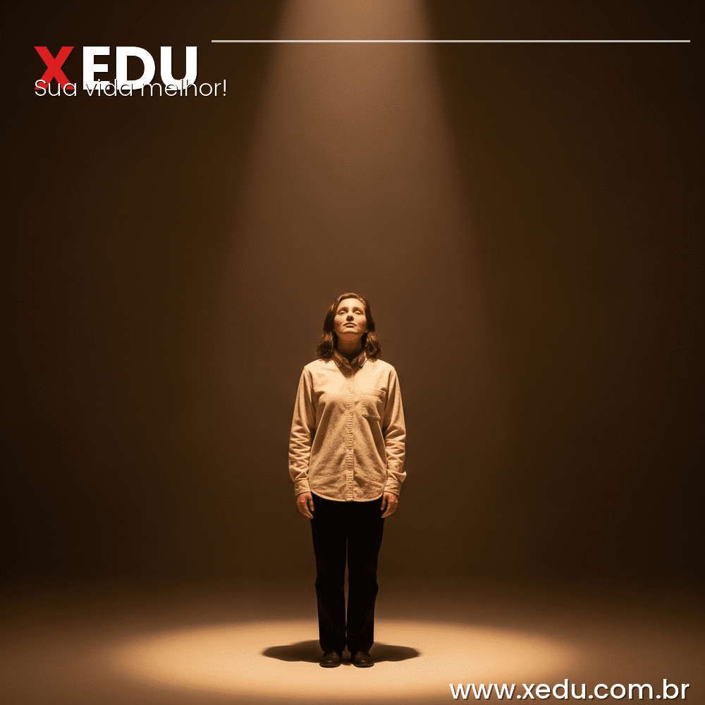 Square image 1:1 aspect ratio. A person standing alone in a softly lit room, a single spotlight beam shining down on them from above — but looking around and realizing the surrounding space is empty and calm, no audience watching. The person's expression shifts from anxious to relieved and aware. Warm amber tones, minimalist setting, introspective and liberating mood. Photorealistic style, no text, no faces fully visible.