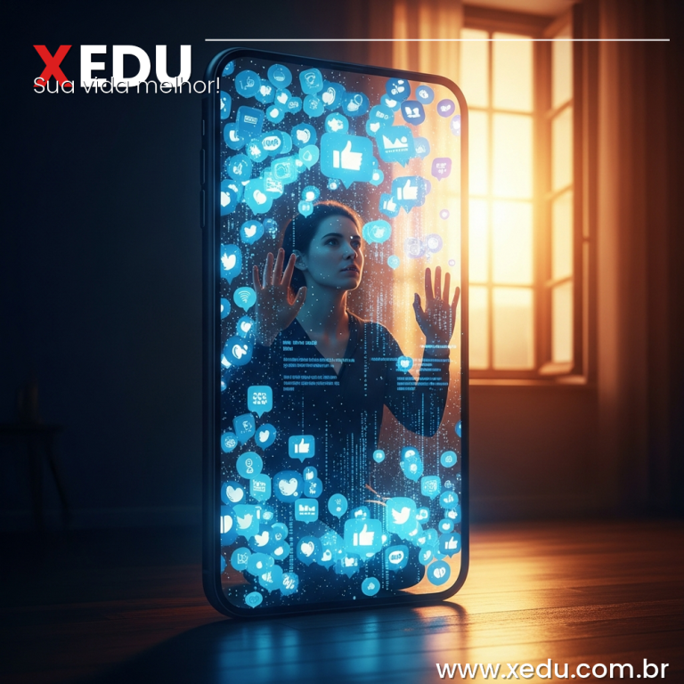 Square 1:1 image. A person standing trapped inside a giant glowing smartphone screen, surrounded by cascading social media icons, like buttons, notification bubbles and data streams. The person looks aware and pushes one hand against the glass screen. Outside the screen: warm sunlight and an open window suggesting freedom. Strong contrast between cold blue digital tones inside the screen and warm amber tones outside. Photorealistic, symbolic, cinematic lighting. No text visible anywhere in the image.