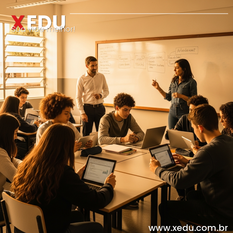 Square 1:1 image. A warm, modern classroom in Brazil with natural light. A teacher stands at the side observing and facilitating, while students of different ages work collaboratively in small groups using tablets and laptops. One student is presenting ideas on a whiteboard. The atmosphere is active, creative and engaged — not a traditional lecture setup. Warm golden tones, inspiring and human. Photorealistic style, no text visible in image.
