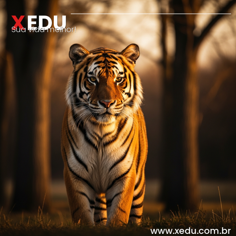 Square 1:1 photorealistic image. A powerful tiger standing alert at the edge of a forest clearing at golden hour, eyes forward, calm but intensely focused. The tiger is lit by warm golden sunlight, with a blurred natural background of trees and soft bokeh. The mood is one of latent power, readiness, and inner strength. No text, no people, no cages. Warm amber and orange tones, cinematic lighting, high detail fur texture.