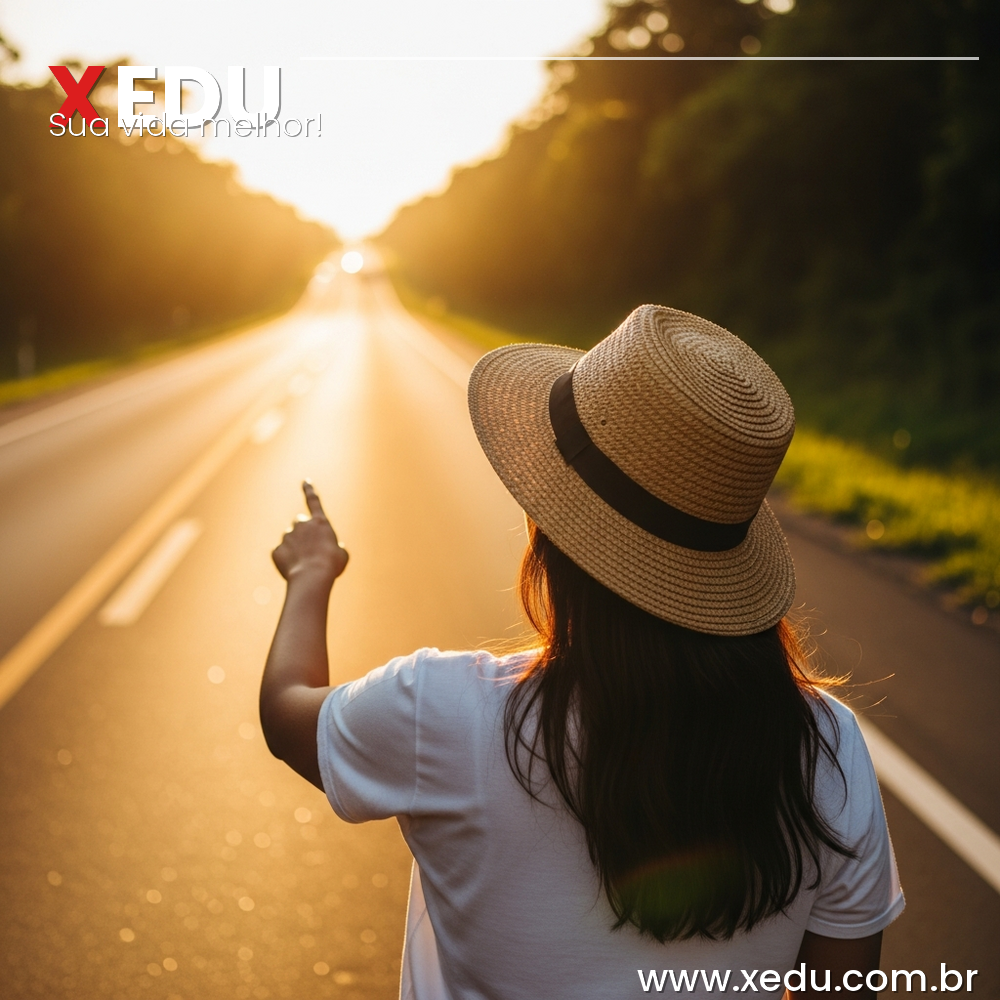 Square image 1:1 aspect ratio. A Brazilian person in their 30s standing at the edge of a bright open road at golden hour, looking forward with calm confidence, one hand raised slightly as if pointing toward the horizon. The road stretches ahead into warm golden light, surrounded by lush green nature. The mood is hopeful, purposeful, and forward-moving. Photorealistic style, warm amber and gold tones, no text, no faces fully visible.