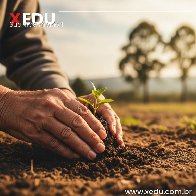 Square image 1:1 aspect ratio. Close-up of weathered elderly hands gently planting a small green seedling into rich brown soil. Warm golden afternoon light. In the soft background, a blurred landscape with trees and sky suggesting future growth. The mood is tender, purposeful, intergenerational. Photorealistic style, warm earthy tones, no text visible.
