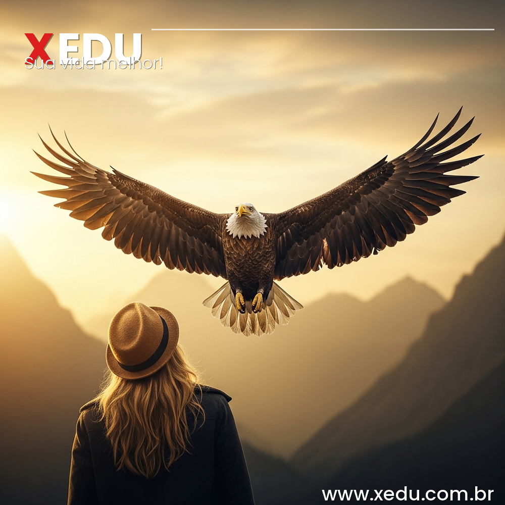 Square image 1:1 aspect ratio. A majestic eagle in powerful flight, wings fully spread against a dramatic golden sunrise sky above mountain peaks. The bird soars freely and confidently upward. Warm golden and amber light, cinematic and inspiring mood. Photorealistic style, no text, no faces.