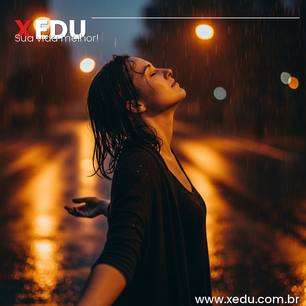 Square image 1:1 aspect ratio. A person standing calmly in soft rain with arms slightly open, head tilted up, eyes closed, expression of peaceful acceptance. Warm amber and gold tones from street lights reflecting on wet pavement. The mood is liberating, emotionally honest, and serene. Photorealistic style, no text, no faces fully visible.