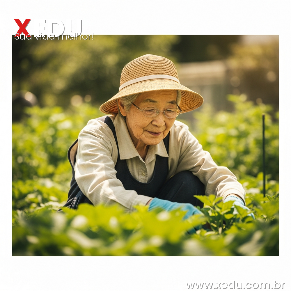 Square image 1:1 aspect ratio. An elderly person in their late 80s working peacefully in a lush green garden on a bright sunny day in Japan. They are tending to plants with calm focus and a gentle smile. Warm golden light, vibrant greens, serene and purposeful atmosphere. Photorealistic style, warm tones, no text, no faces fully visible.