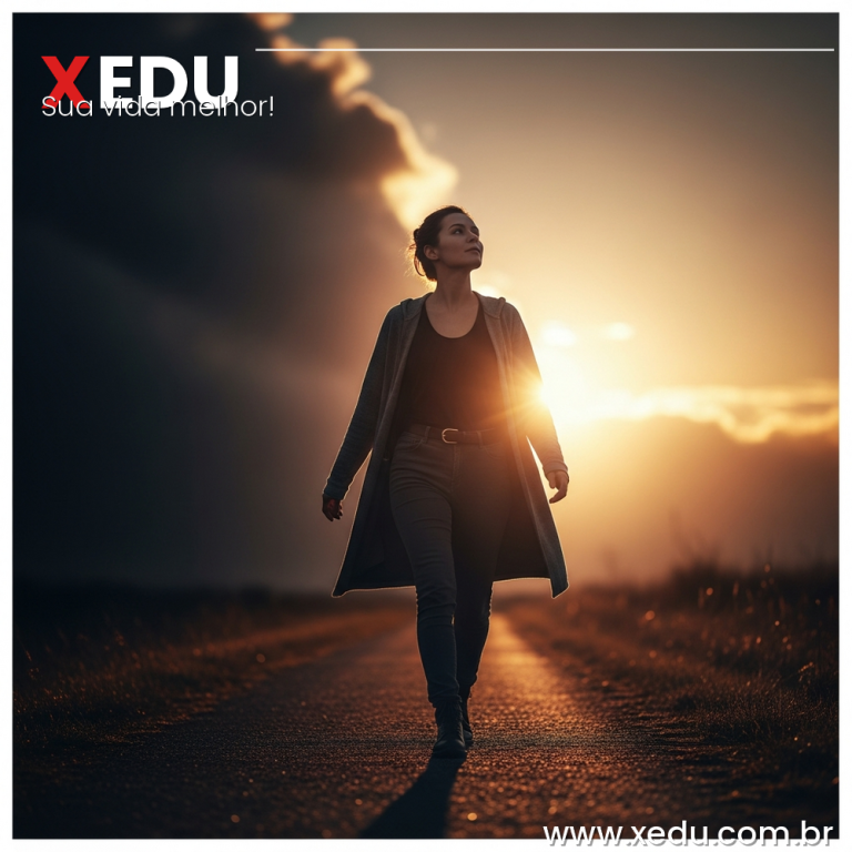 Square image 1:1 aspect ratio. A confident person walking forward on a path toward a bright warm sunrise, leaving behind a dark cloudy area. Their posture is open and purposeful, face turned toward the light. Contrast between dark shadows behind and golden warmth ahead. Photorealistic style, warm amber tones, symbolic of hope and optimism, no text, no faces fully visible.