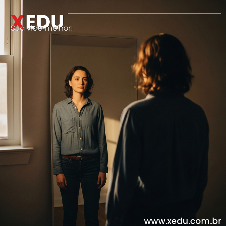 Square image 1:1 aspect ratio. A person standing in front of a large clear mirror, looking at their own reflection with a calm and honest expression. Warm soft natural light from the side. The room is minimal and quiet. The mood is introspective and self-aware, not dramatic. Photorealistic style, warm tones, no text, no faces fully visible in reflection.