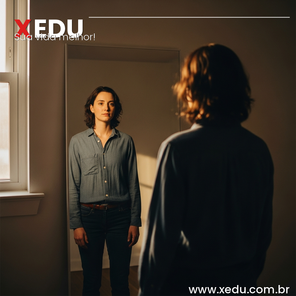 Square image 1:1 aspect ratio. A person standing in front of a large clear mirror, looking at their own reflection with a calm and honest expression. Warm soft natural light from the side. The room is minimal and quiet. The mood is introspective and self-aware, not dramatic. Photorealistic style, warm tones, no text, no faces fully visible in reflection.