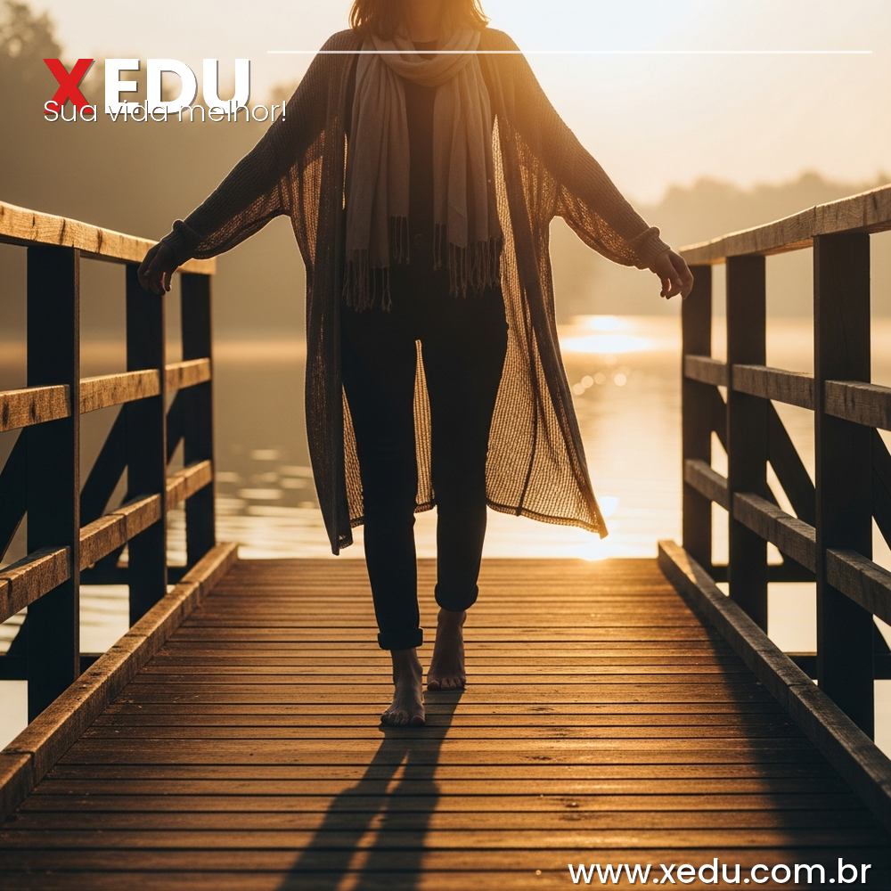 A person walking barefoot on a wooden bridge over a calm lake at sunrise, arms open slightly, relaxed posture, feeling light and free. Warm golden hour light, soft reflections on the water, surrounded by nature. Photorealistic, peaceful atmosphere, 16:9 format, no text, no people in background.