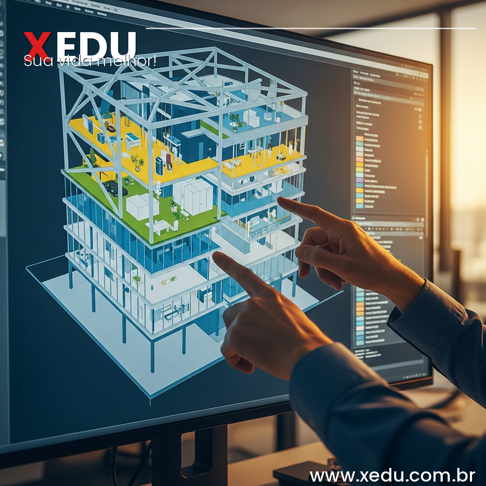 Square image 1:1 aspect ratio. A detailed 3D architectural BIM model of a modern building displayed on a large digital screen in a bright engineering office. The model shows structural elements, floors, and installations with color-coded layers. An engineer's hands are visible in the foreground pointing at details on the screen. Professional, clean, technological atmosphere. Photorealistic style, cool blue and warm amber tones, no text visible.