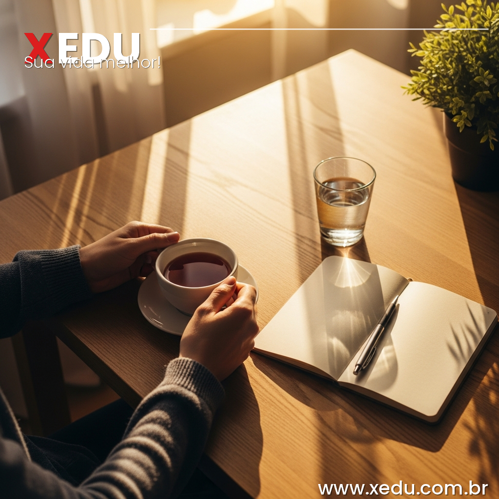 Square image 1:1 aspect ratio. A peaceful morning scene: a person's hands visible from above on a clean wooden table, holding a warm cup of tea. Beside the cup, a small open notebook with a pen, a glass of water, and soft morning sunlight streaming through a window casting warm golden rays across the table. A small green plant in the corner adds life. The atmosphere is calm, intentional, and inviting. Photorealistic style, warm tones, no text, no faces visible.