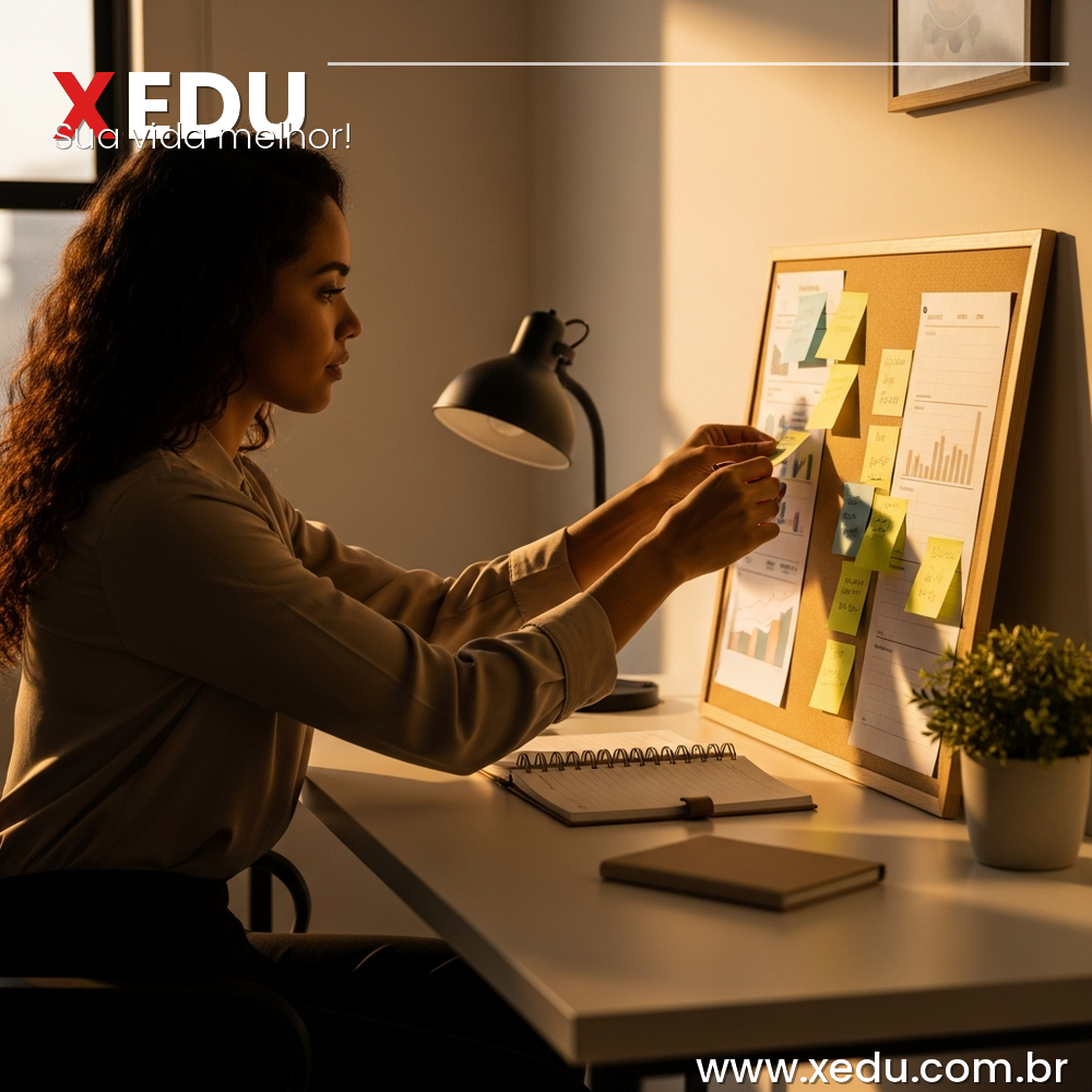 A professional Brazilian person at a clean modern desk, thoughtfully organizing a project board with colorful sticky notes and a planner. Warm natural light, calm and focused atmosphere, minimalist workspace. Photorealistic style, warm tones, inspiring and practical mood.