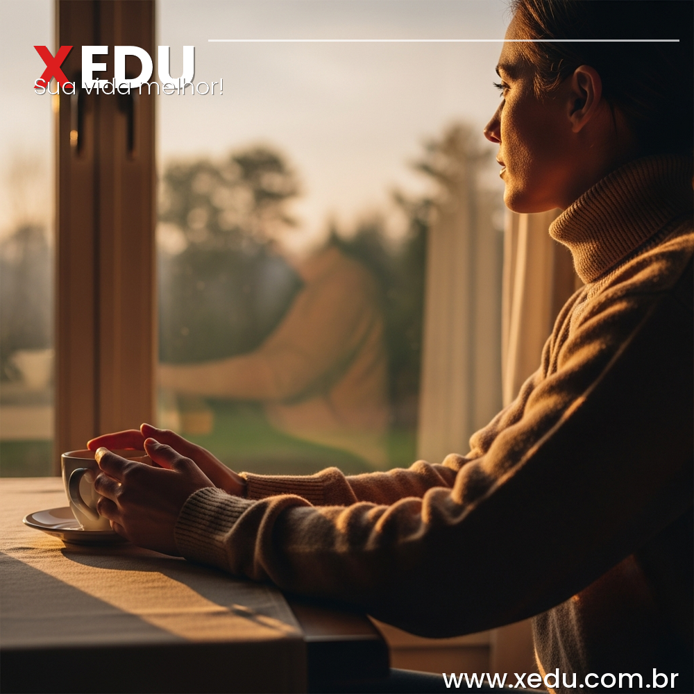 Square image 1:1 aspect ratio. A person sitting peacefully by a window with warm morning light, hands resting calmly on a table with a cup of coffee, looking out at a calm landscape of trees and sky. Sense of inner stillness and emotional balance despite an uncertain world visible in the distance. Soft warm tones, golden hour light. Photorealistic editorial style, warm tones, no text, no faces visible.