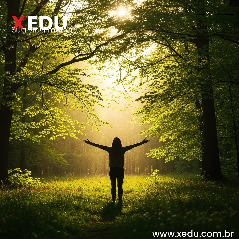 Square image 1:1 aspect ratio. A joyful human silhouette standing in a sunlit green forest clearing, arms wide open embracing the light, surrounded by lush vibrant trees and fresh green foliage. Golden sunbeams streaming through the canopy, soft bokeh effect in the background. Small colorful wildflowers on the ground. Uplifting and peaceful atmosphere, full of hope and life energy. Photorealistic style, warm natural tones, no text, no faces visible.