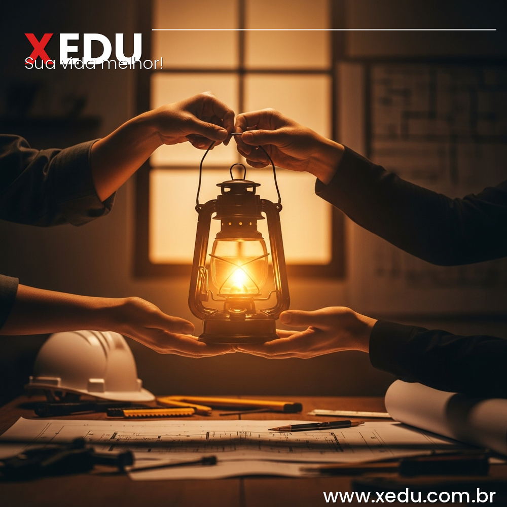 Square image 1:1 aspect ratio. Two hands passing a glowing lantern between them in a warm, dimly lit workshop environment filled with architectural tools and project blueprints in the background. The light illuminates the space around the hands. Symbol of purpose, service and value. Photorealistic style, warm amber tones, no text, no faces visible.