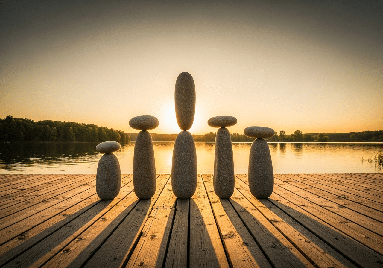 Cinco pilares de pedra equilibrados à beira de um lago ao pôr do sol, representando os pilares essenciais da vida em harmonia