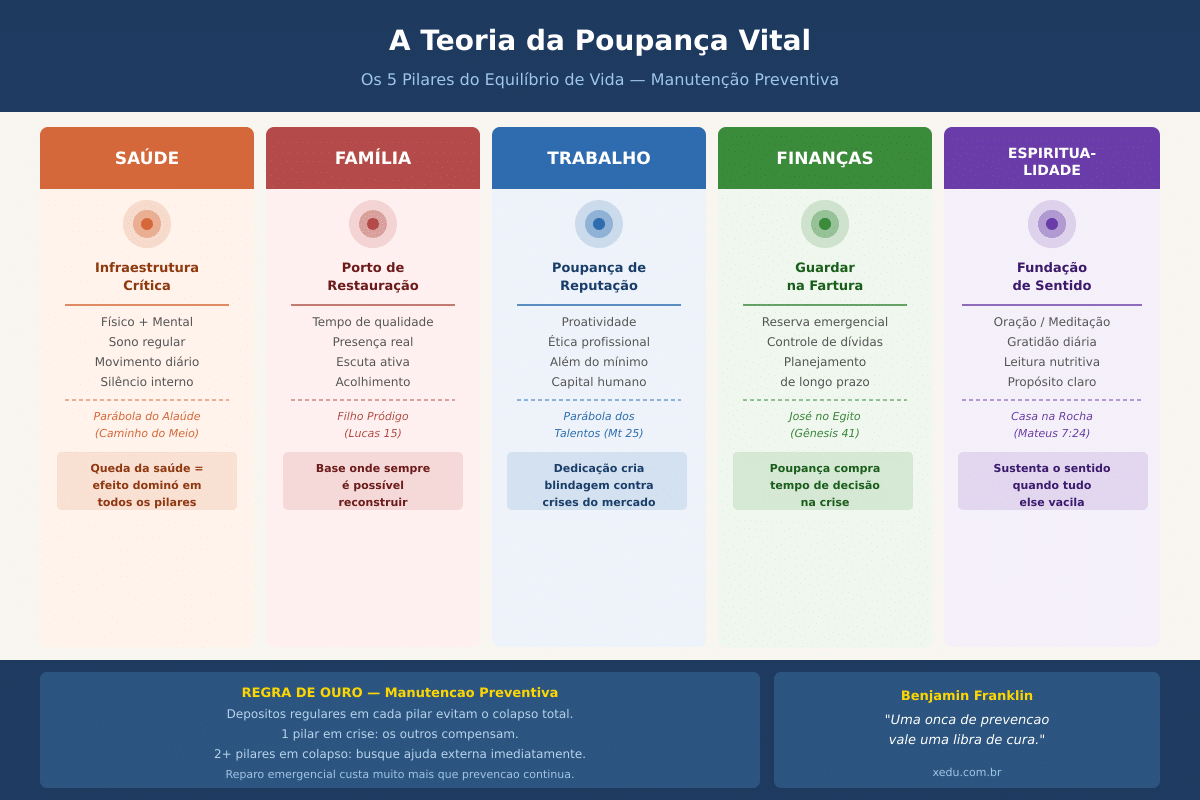 Infográfico: Os 5 Pilares da Teoria da Poupança Vital — Saúde, Família, Trabalho, Finanças e Espiritualidade com suas práticas preventivas e referências bíblicas