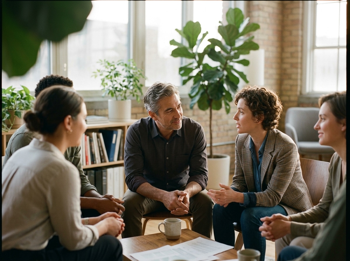 Liderança ética e propósito no dia a dia da equipe Líder ouvindo com atenção um colega, exemplo de liderança ética e propósito no ambiente de trabalho